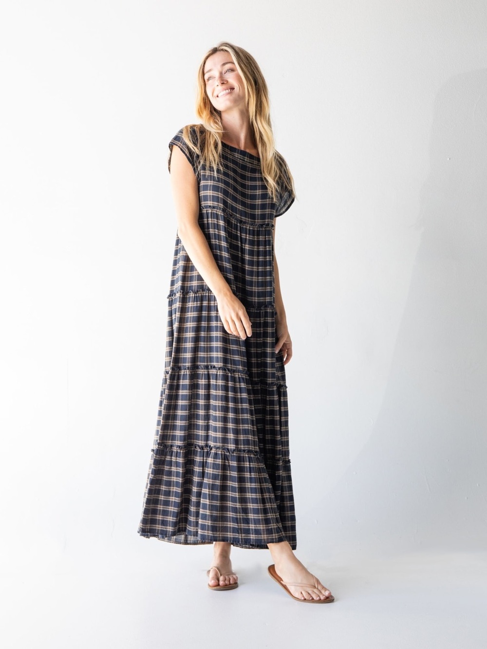 Natural Life Plaid Berkley Maxi Dress Size L Blue Tan Square Neck Tiered Casual - Picture 2 of 7